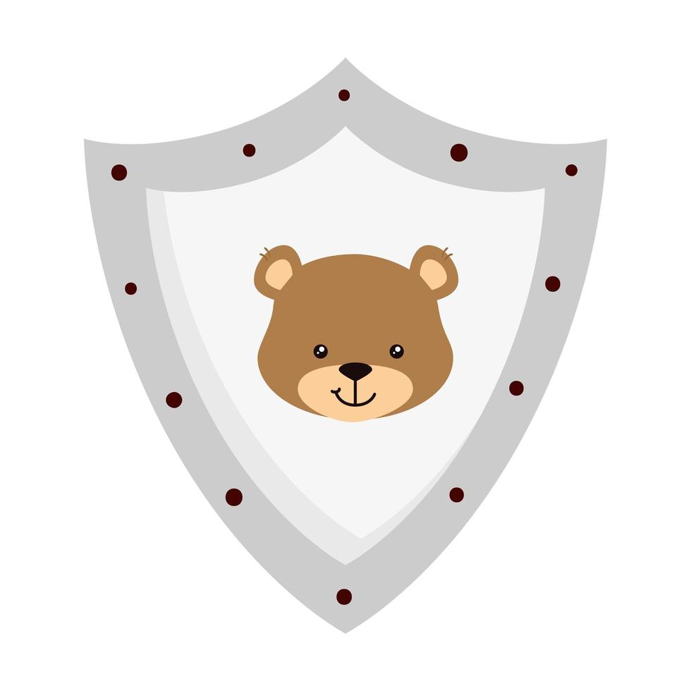 face of cute teddy bear in shield isolated icon vector