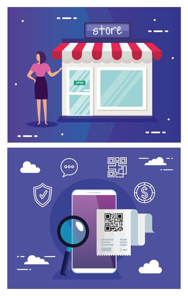 set poster of scan code qr with icons vector
