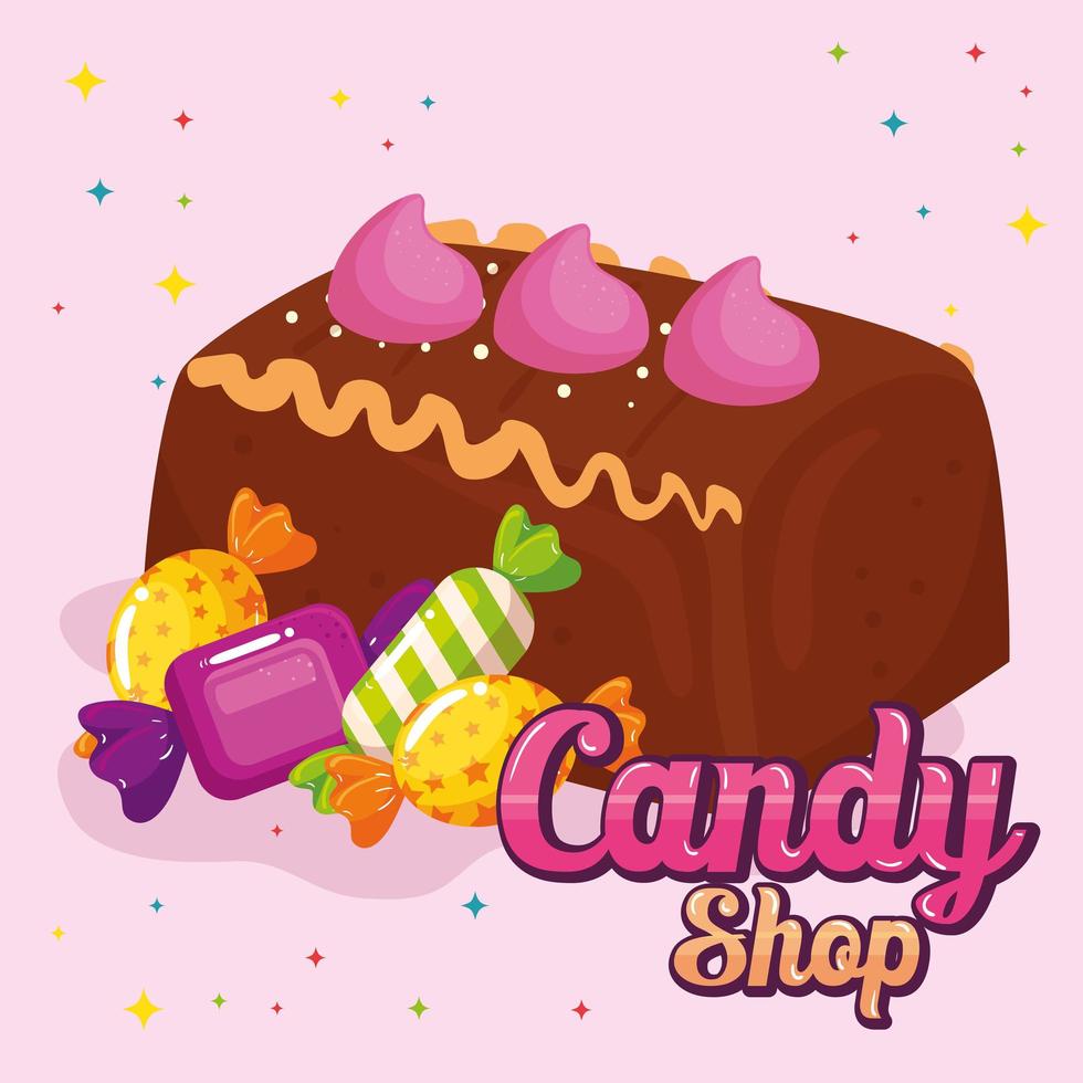 poster of candy shop with cake chocolate and candies vector