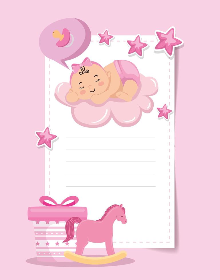 tarjeta de baby shower con niña y decoración. vector