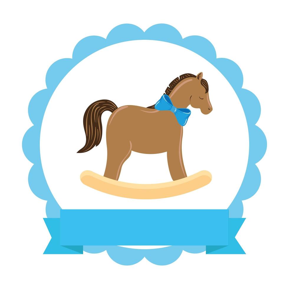 Caballo de juguete de madera en marco de encaje icono aislado vector