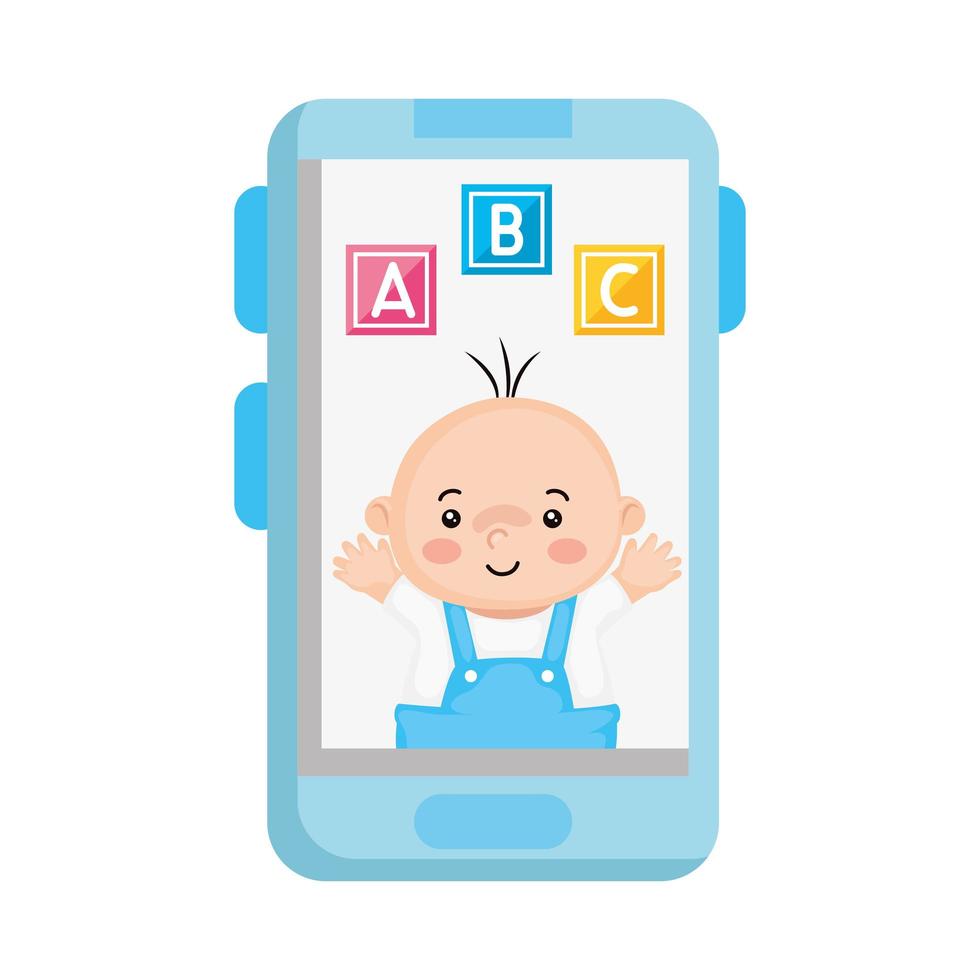 baby boy with cubes toy in smartphone vector