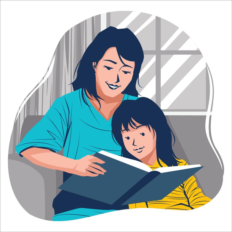 Mom and Daughter Reading Bedtime Story Book Concept vector