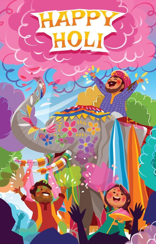 concepto de holi feliz con elefante y personas vector