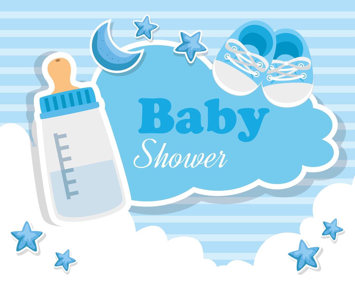 Tarjeta de Baby Shower con botella de leche e iconos. vector