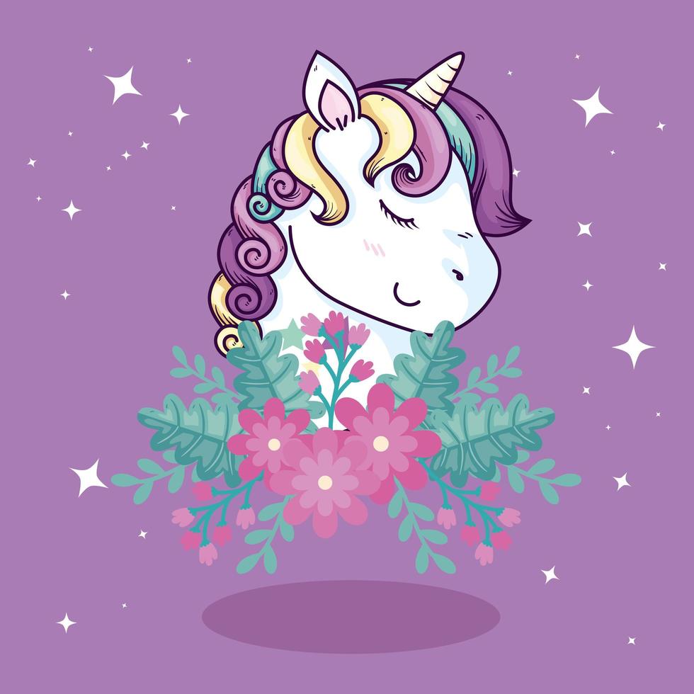 head of cute unicorn fantasy with flowers decoration vector