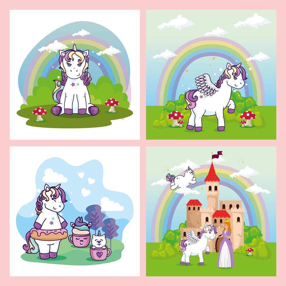 Establecer diseños de unicornios e iconos lindos. vector