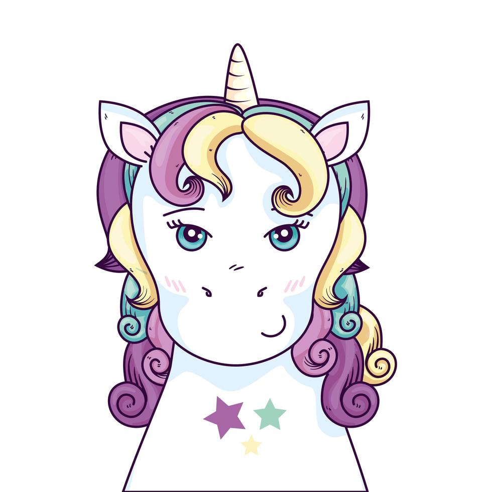 cabeza de unicornio lindo fantasía con decoración de estrellas vector