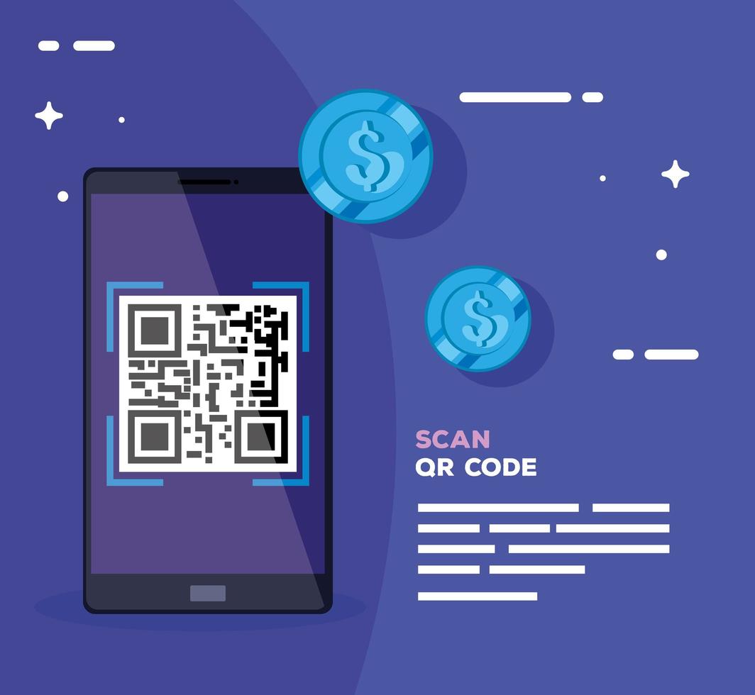 escanear código qr con smartphone y monedas vector