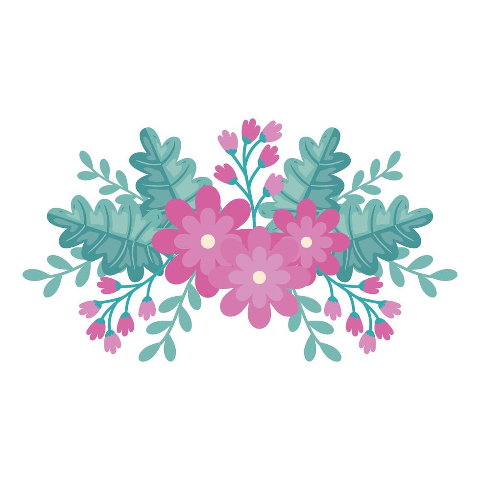 cute flowers with leafs decoration vector