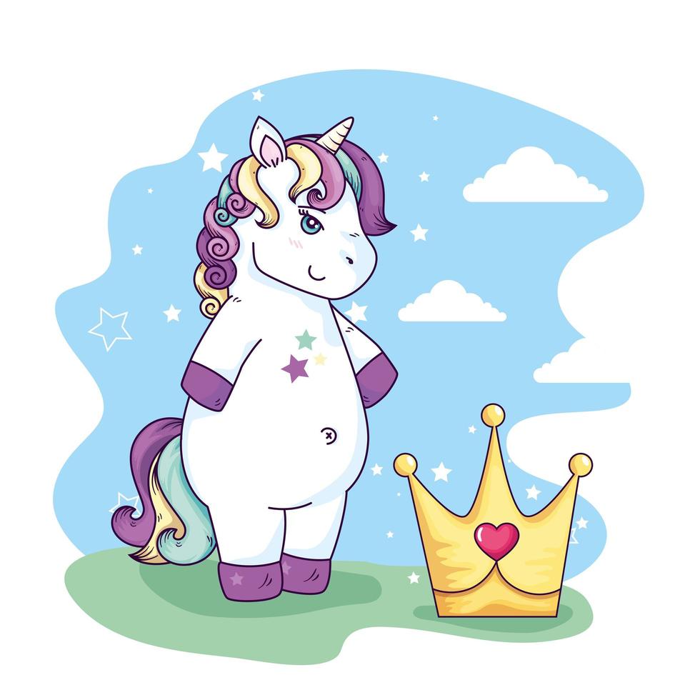 lindo unicornio fantasía y corona con corazón vector