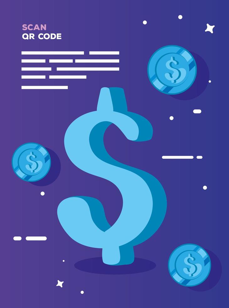 scan qr code with symbol dollar and coins vector