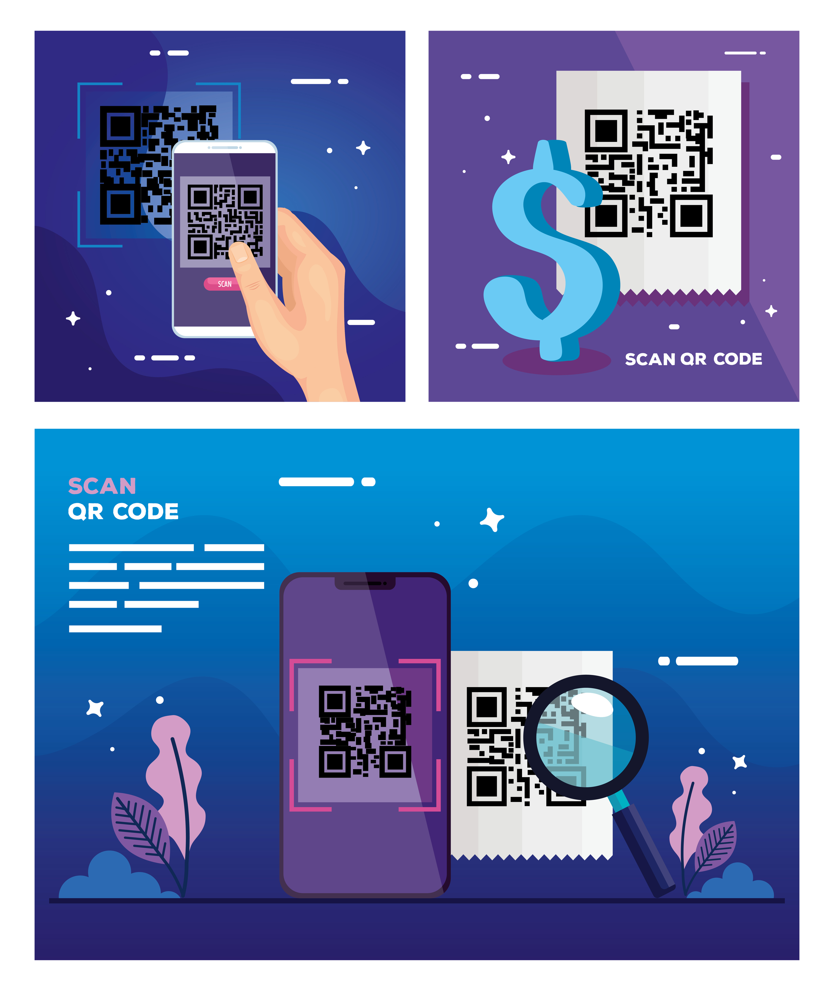 set poster of scan code qr and icons 4832872 Vector Art at Vecteezy