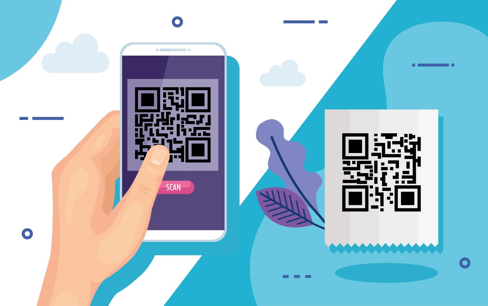 mano usando un teléfono inteligente con código de escaneo qr vector