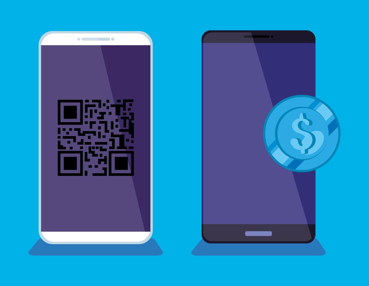 teléfonos inteligentes con código de escaneo qr y moneda vector