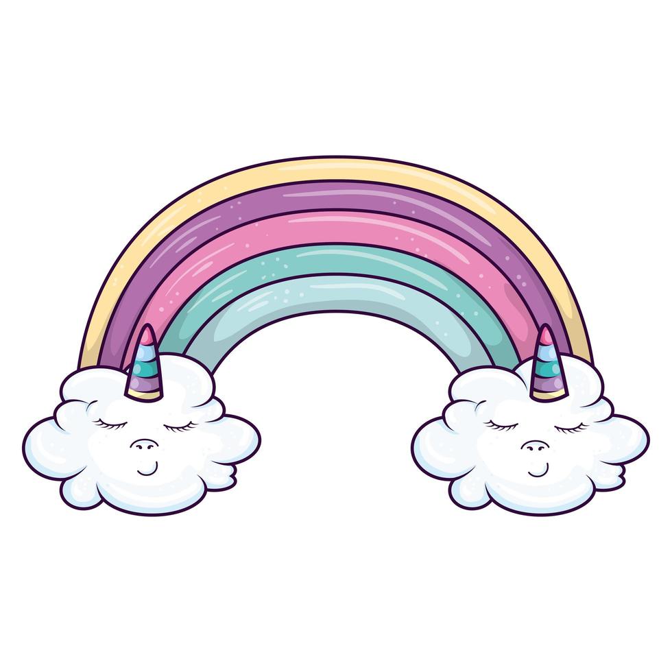 cute rainbow with clouds unicorn kawaii style vector