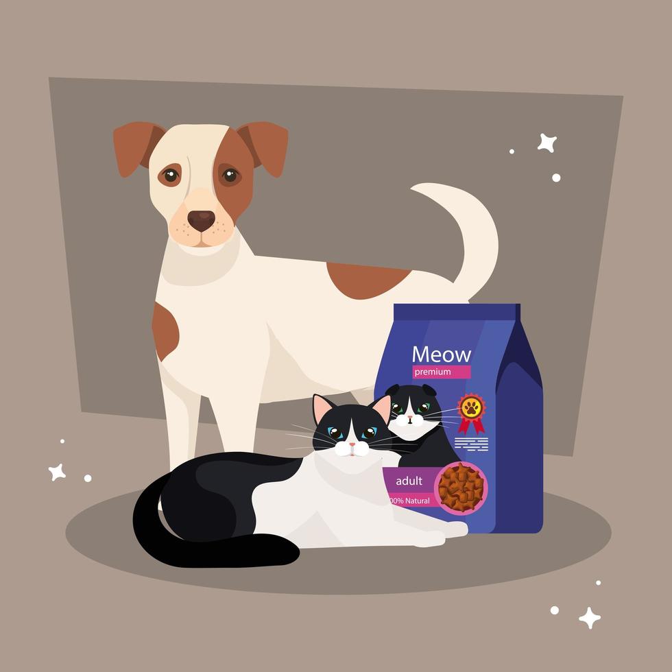 cute cat and dog with bag food vector