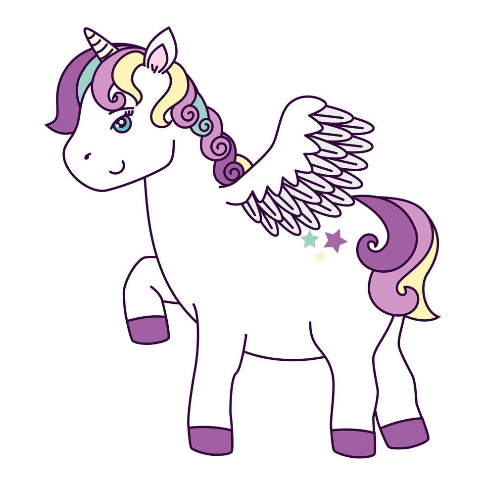 lindo unicornio con alas y decoración de estrellas vector