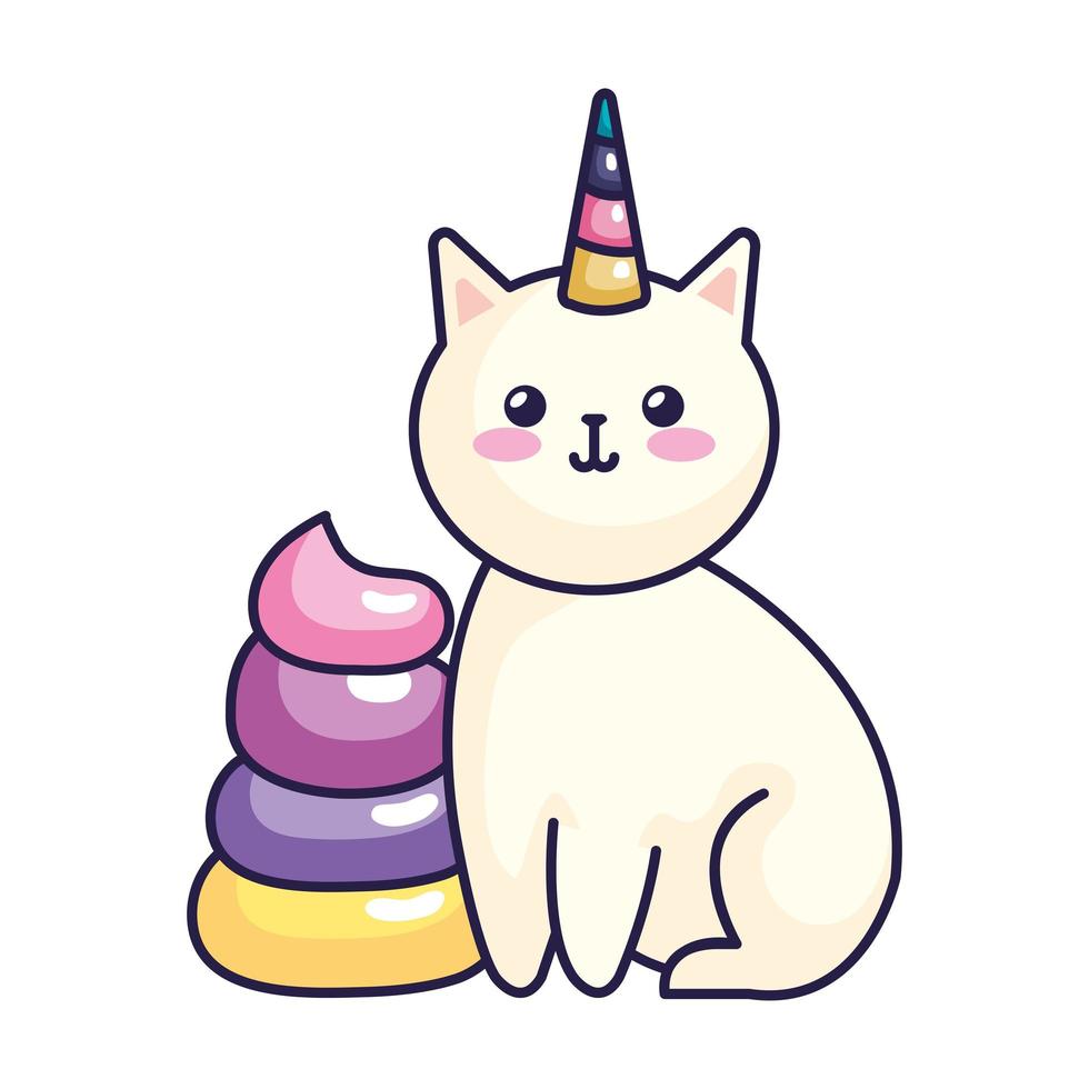 lindo, gato, unicornio, fantasía, icono vector