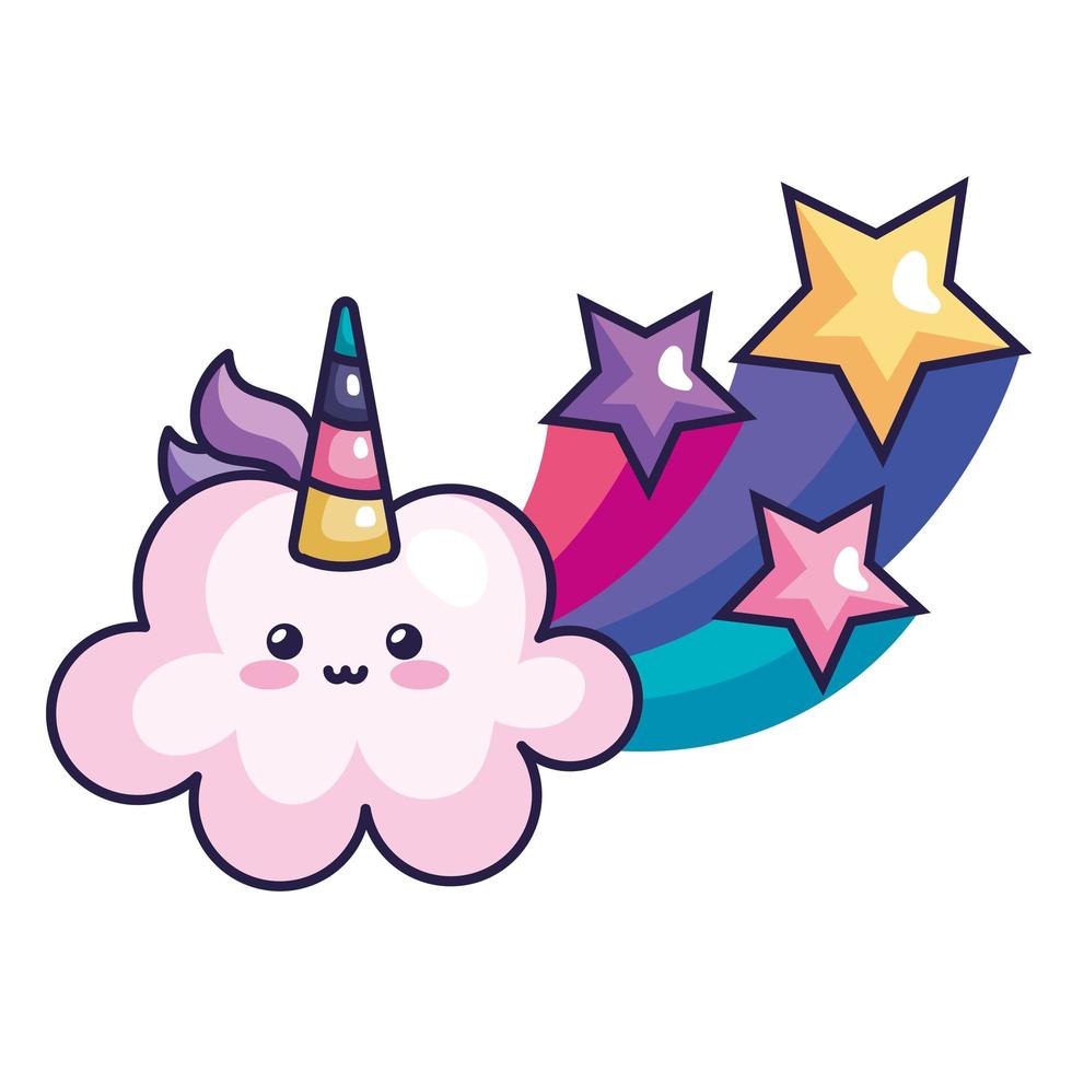 linda nube con estrellas fugaces unicornio icono de estilo kawaii vector