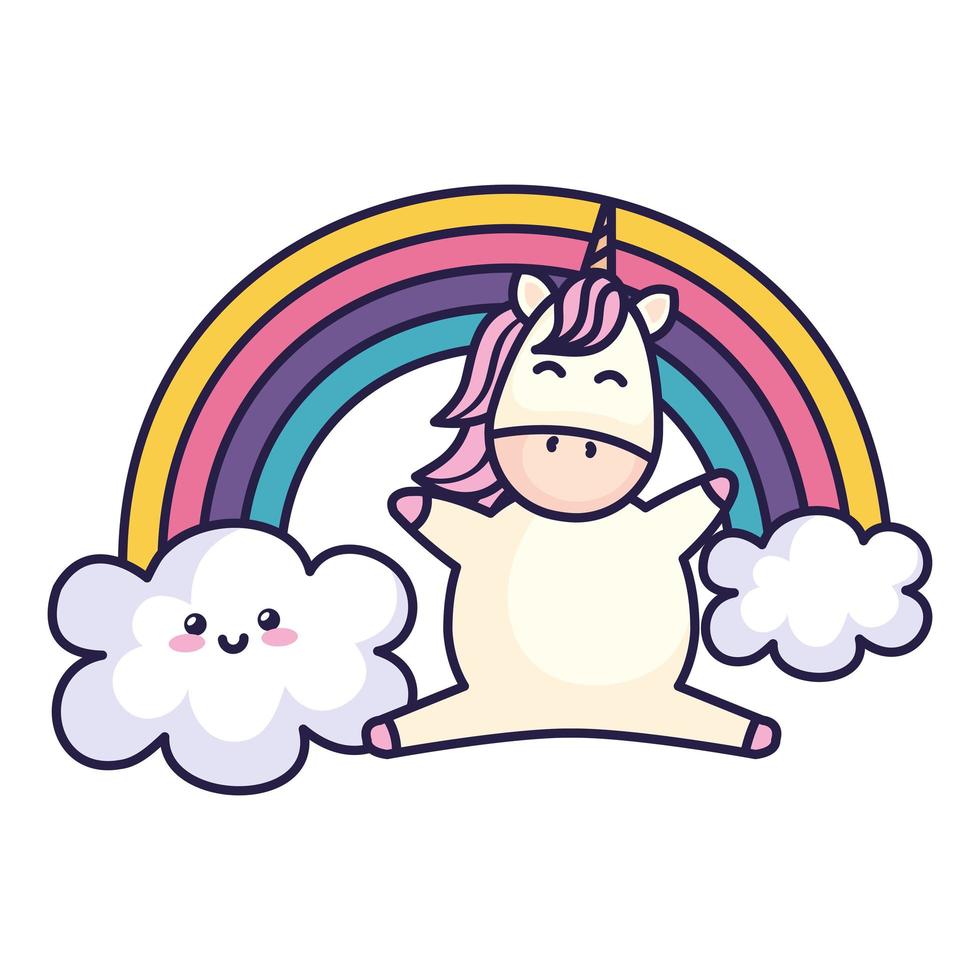 lindo unicornio con arcoiris estilo kawaii vector