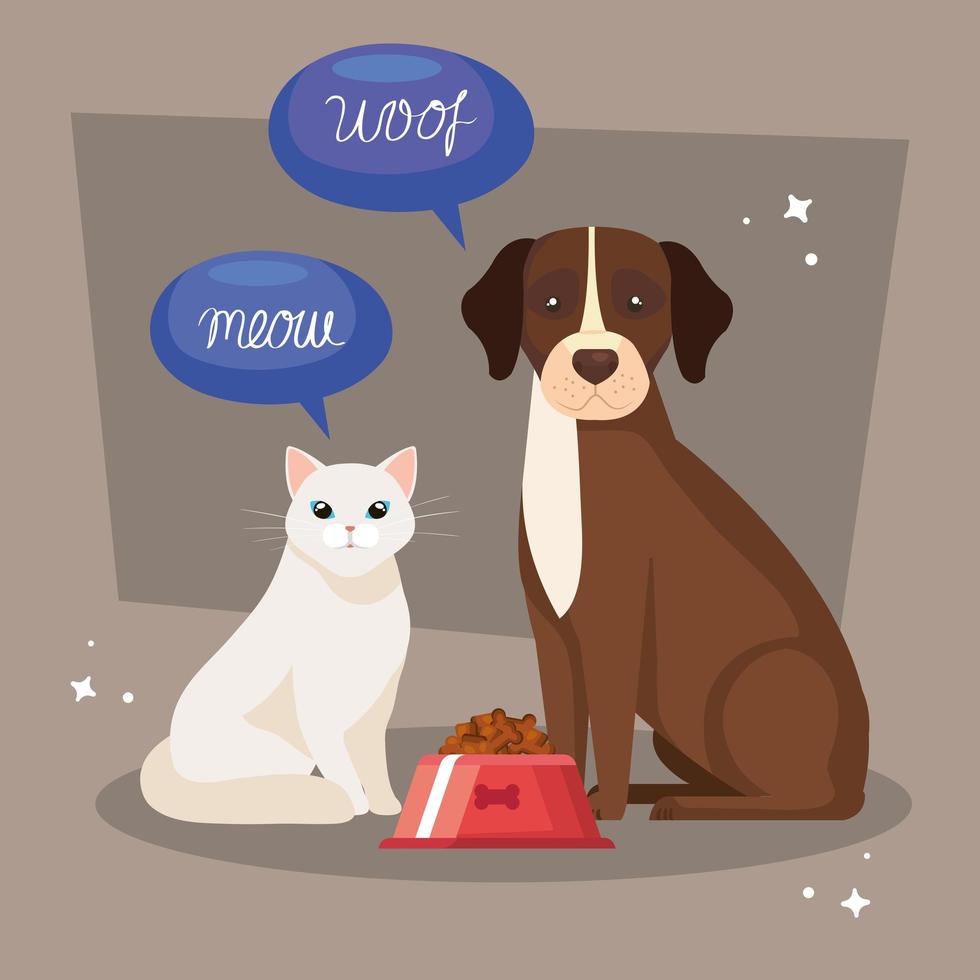 perro con comida para gatos y plato vector