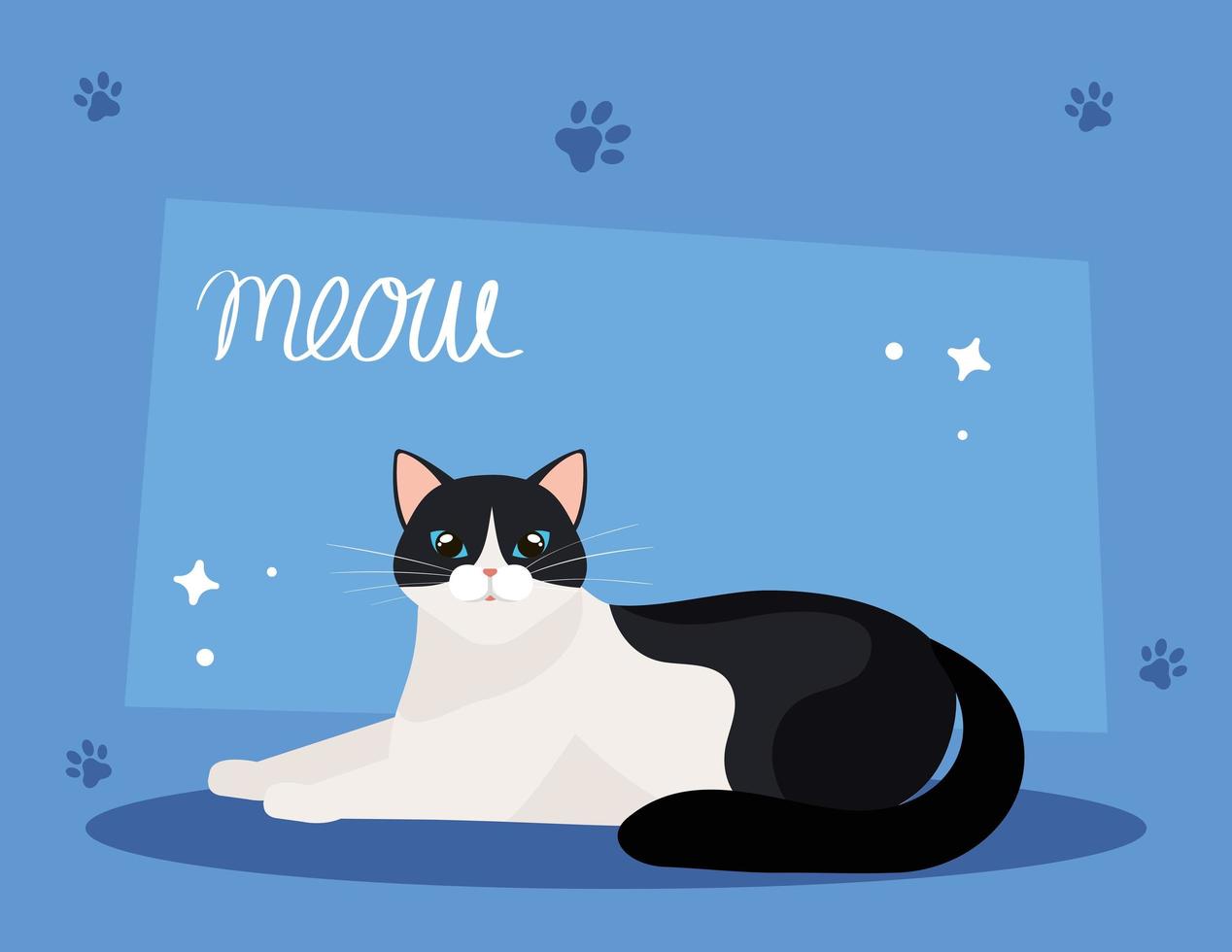 cute cat black and white in background blue with pawprints vector