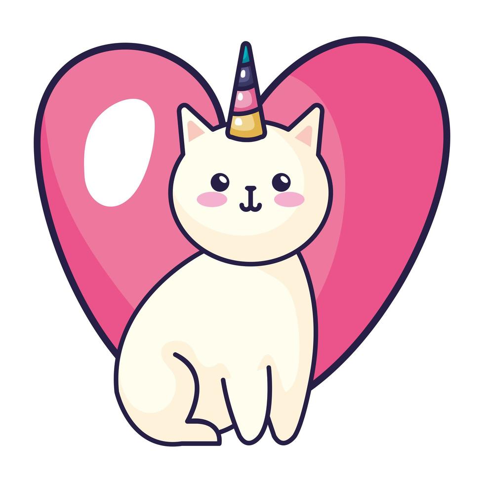 lindo gato unicornio con icono de corazón vector