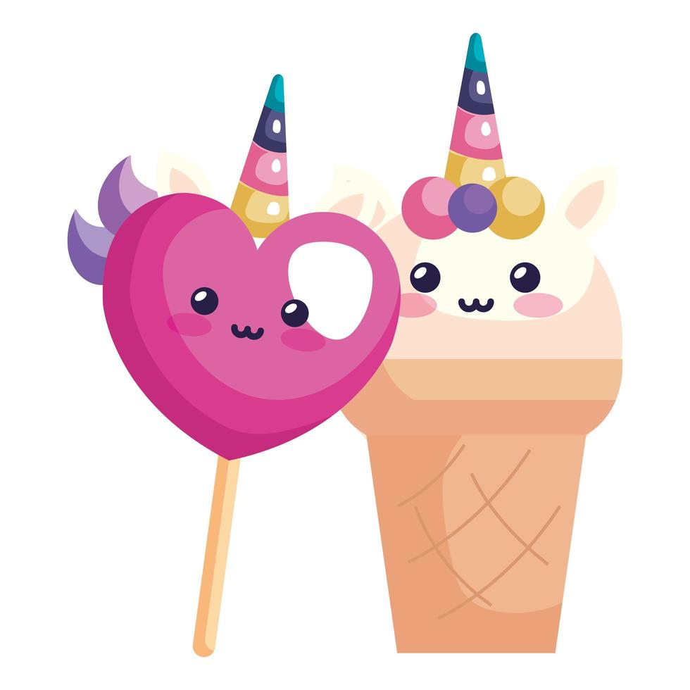 lindo helado y corazón unicornio estilo kawaii vector