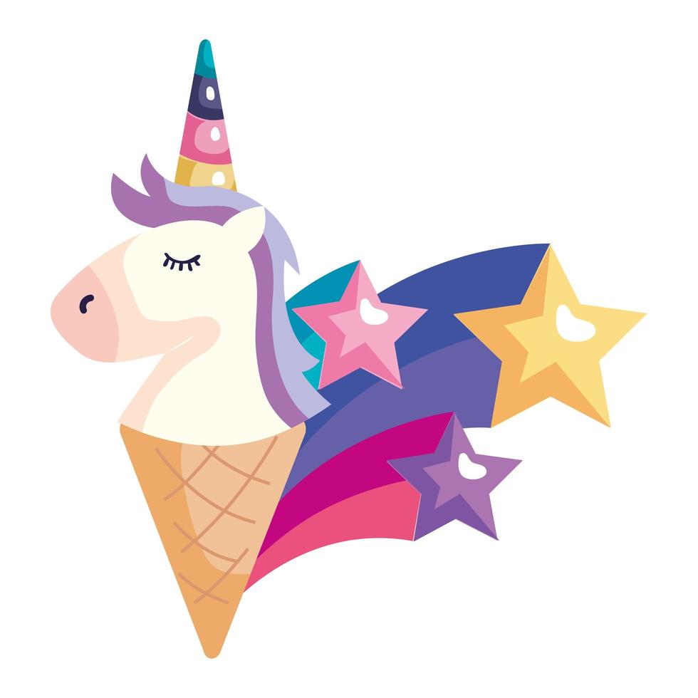 cute unicorn ice cream and shooting stars vector