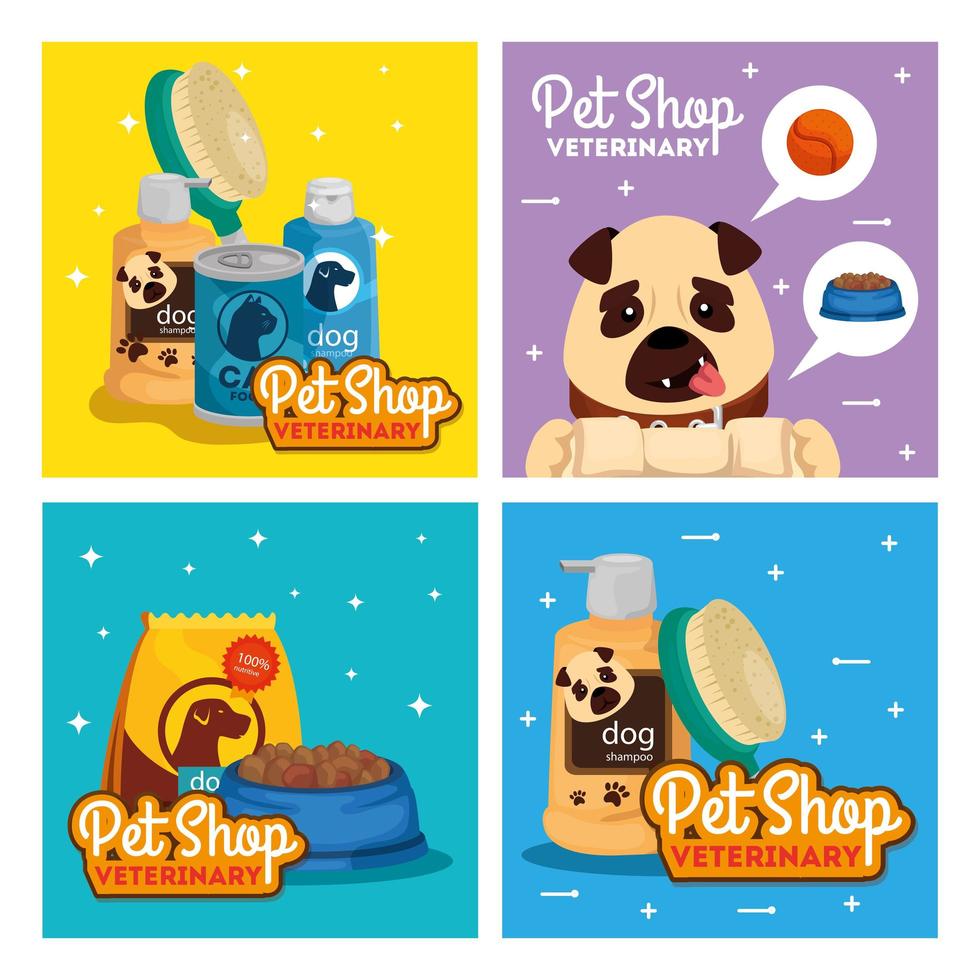 set poster of pet shop veterinary with icons vector