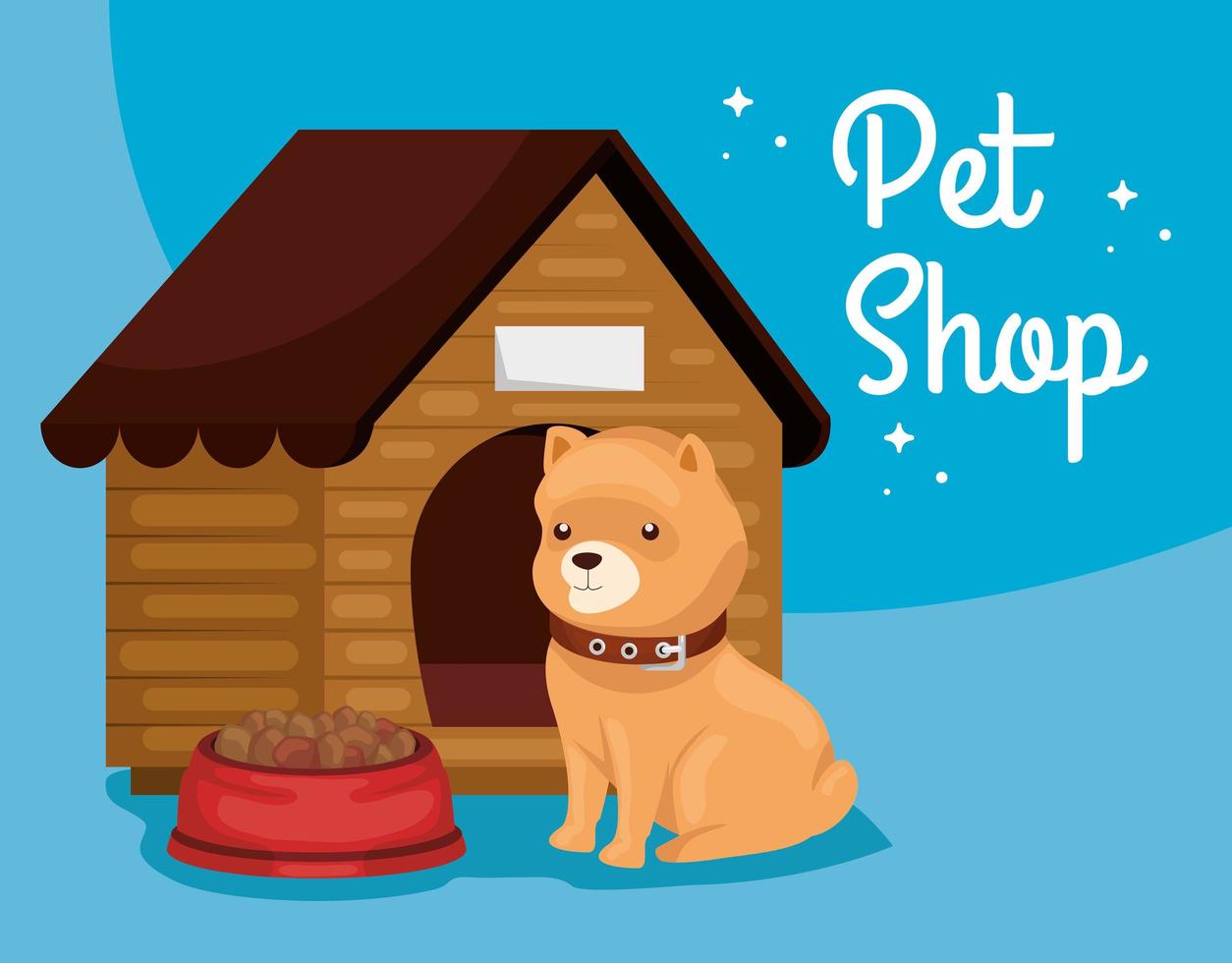 Tienda de mascotas veterinaria con perro y casa de madera. vector