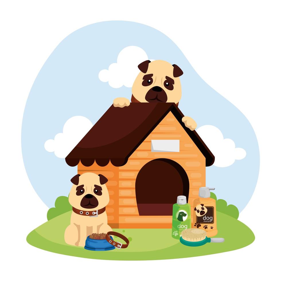 cute dogs in wooden house and icons vector