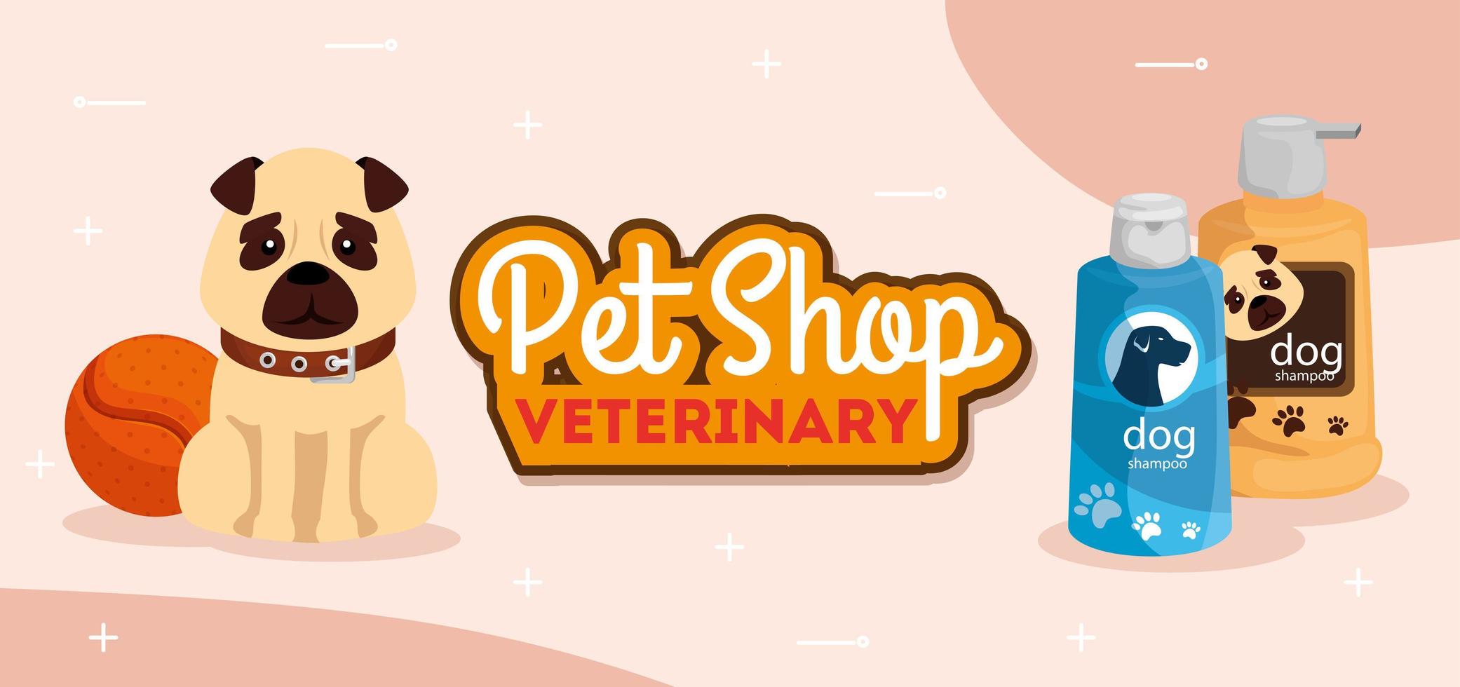 tienda de mascotas veterinaria con lindo perro y botellas de cuidado vector