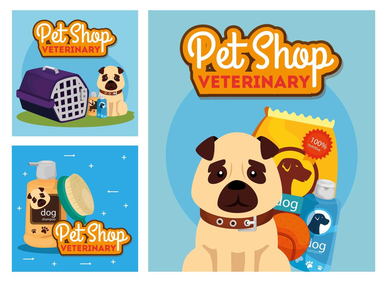 set poster of pet shop veterinary with icons vector