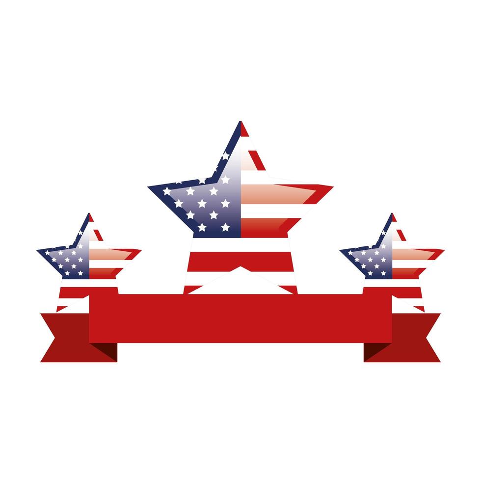 set of united states flags in shape stars with ribbon vector