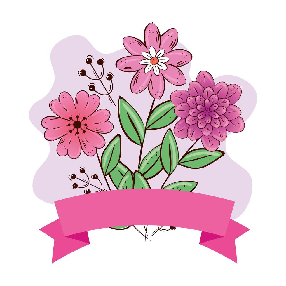 Flowers with leaves and ribbon vector design