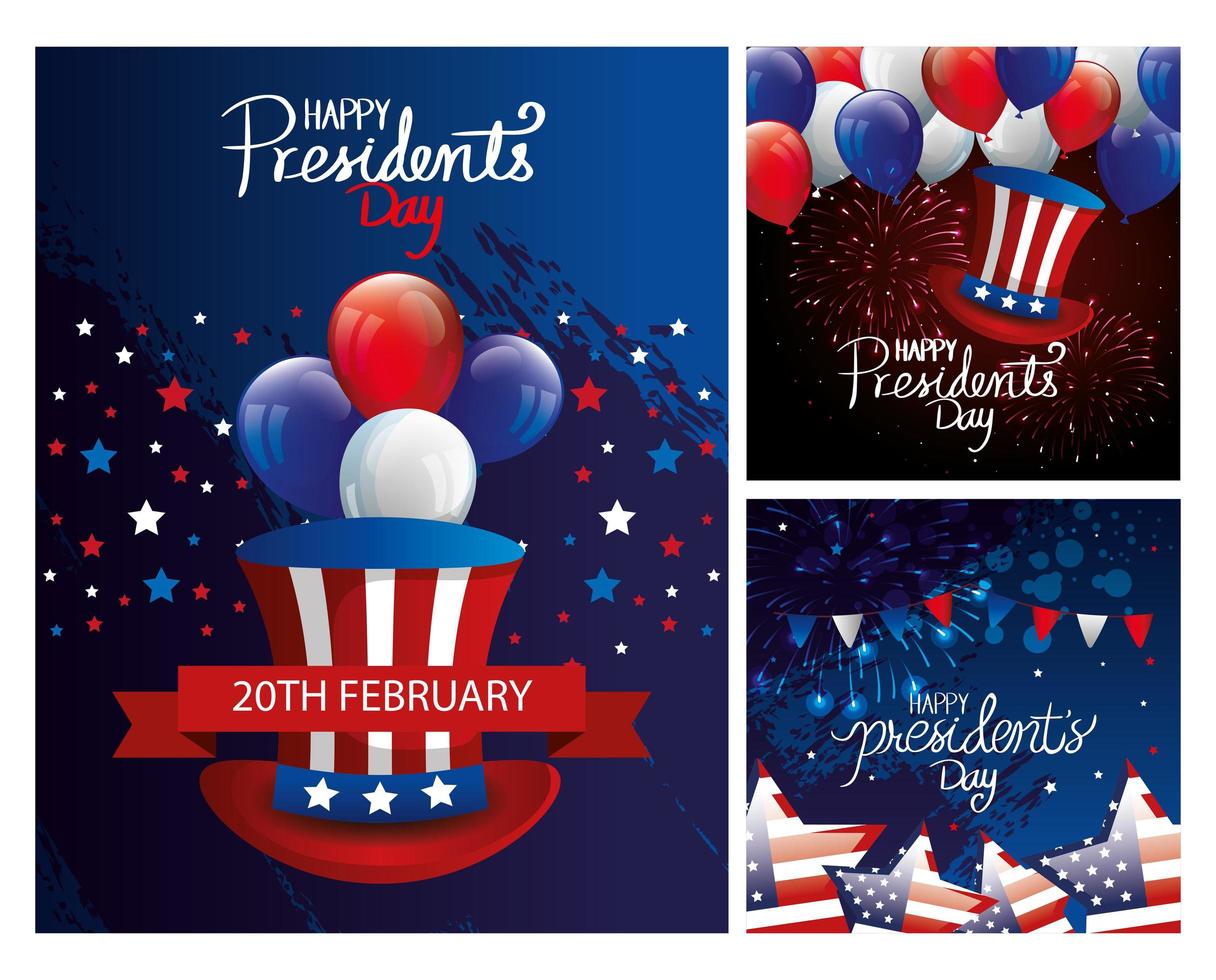 set poster of happy presidents day with decoration vector