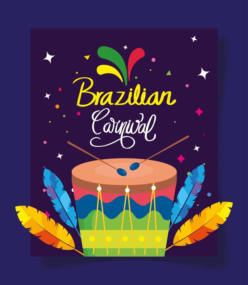 poster of brazilian carnival with drum and decoration vector