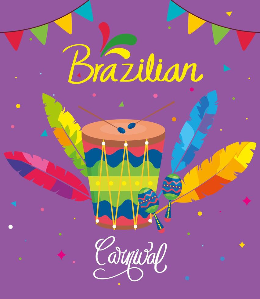 poster of brazilian carnival with drum and decoration vector