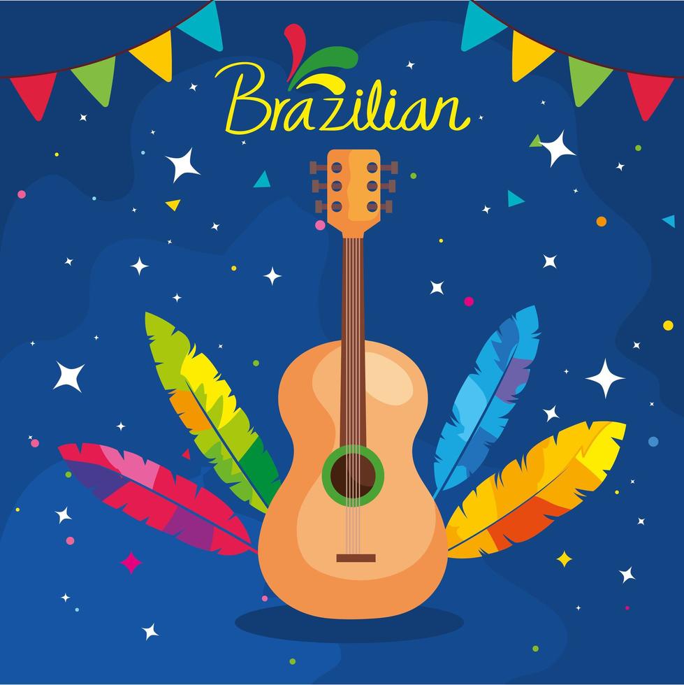 Cartel del carnaval brasileño con guitarra y decoración. vector