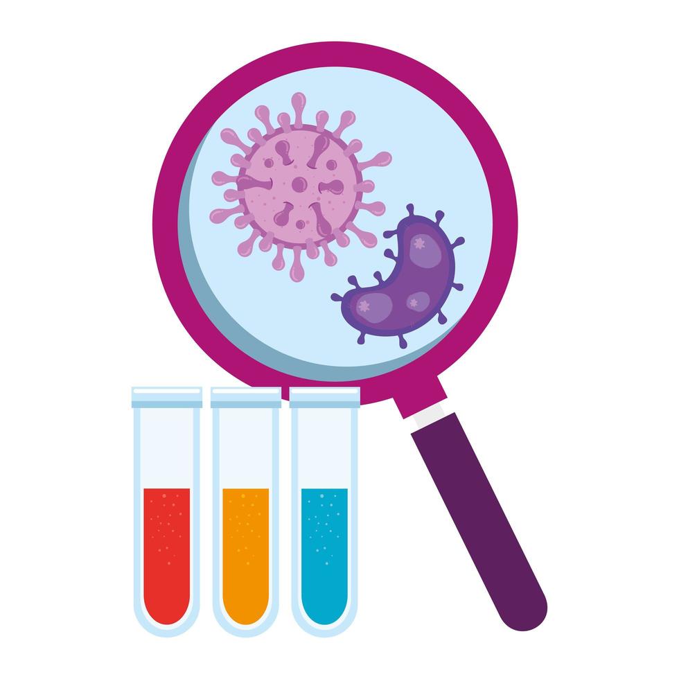 magnifying glass with particles covid 19 and tubes test vector