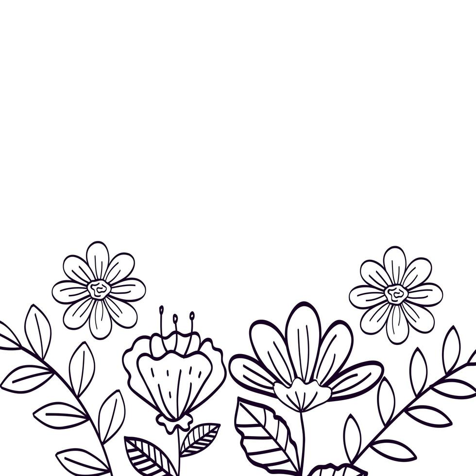 cute flowers with branches and leafs line style icon vector