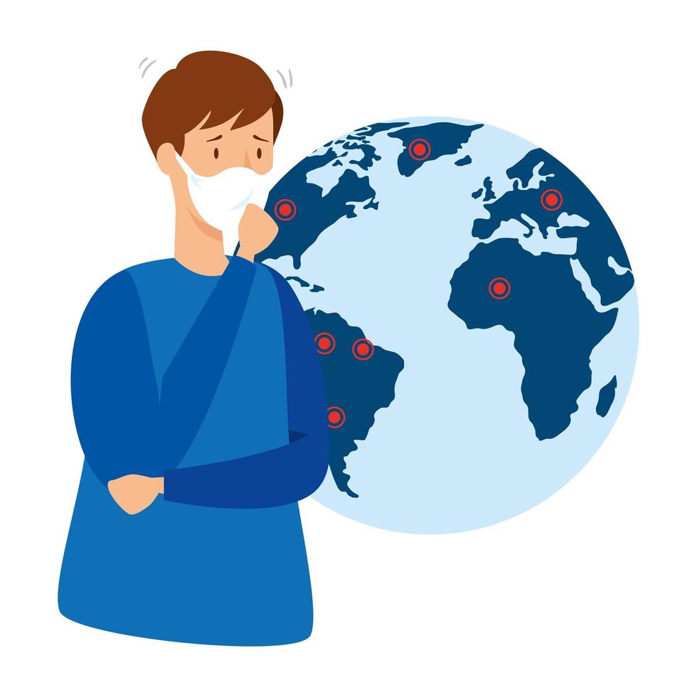 man with protection respiratory and world planet vector