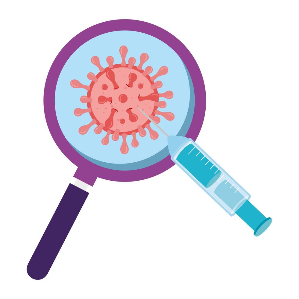 magnifying glass with particles covid 19 and syringe vector