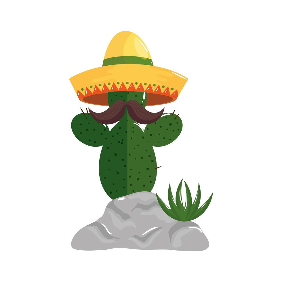 Cactus mexicano aislado con diseño de vector de bigote y sombrero