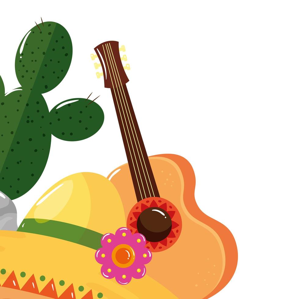 Sombrero mexicano aislado cactus y diseño de vectores de guitarra