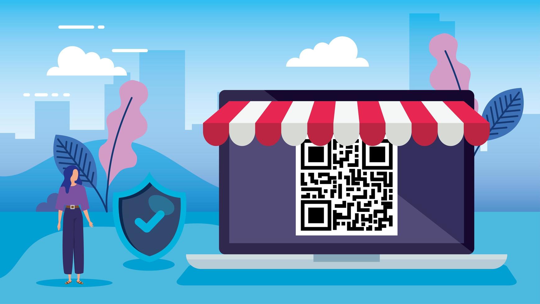 código qr dentro de laptop avatar mujer y diseño de vector de escudo