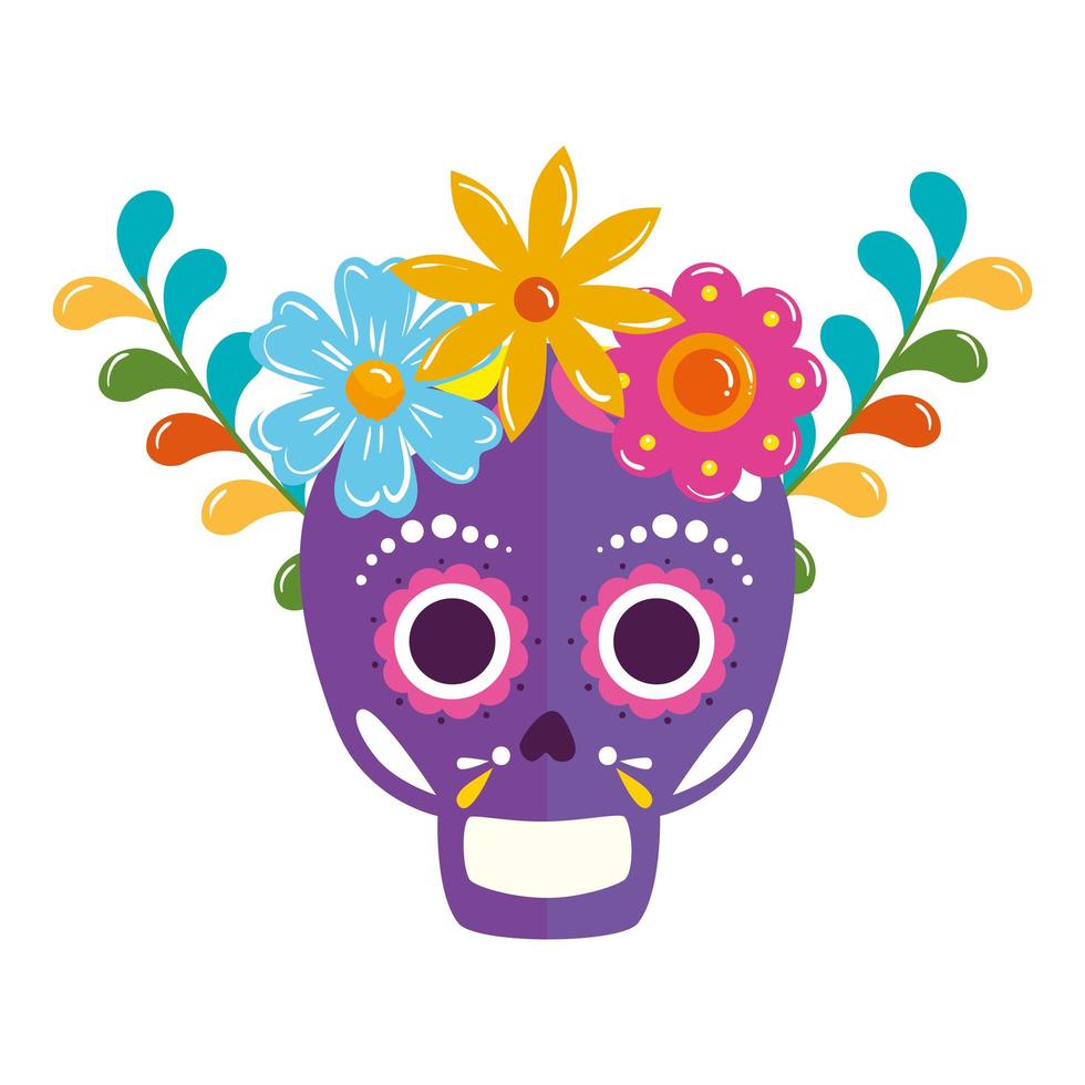 Calavera mexicana aislada con diseño de vector de corona de flores