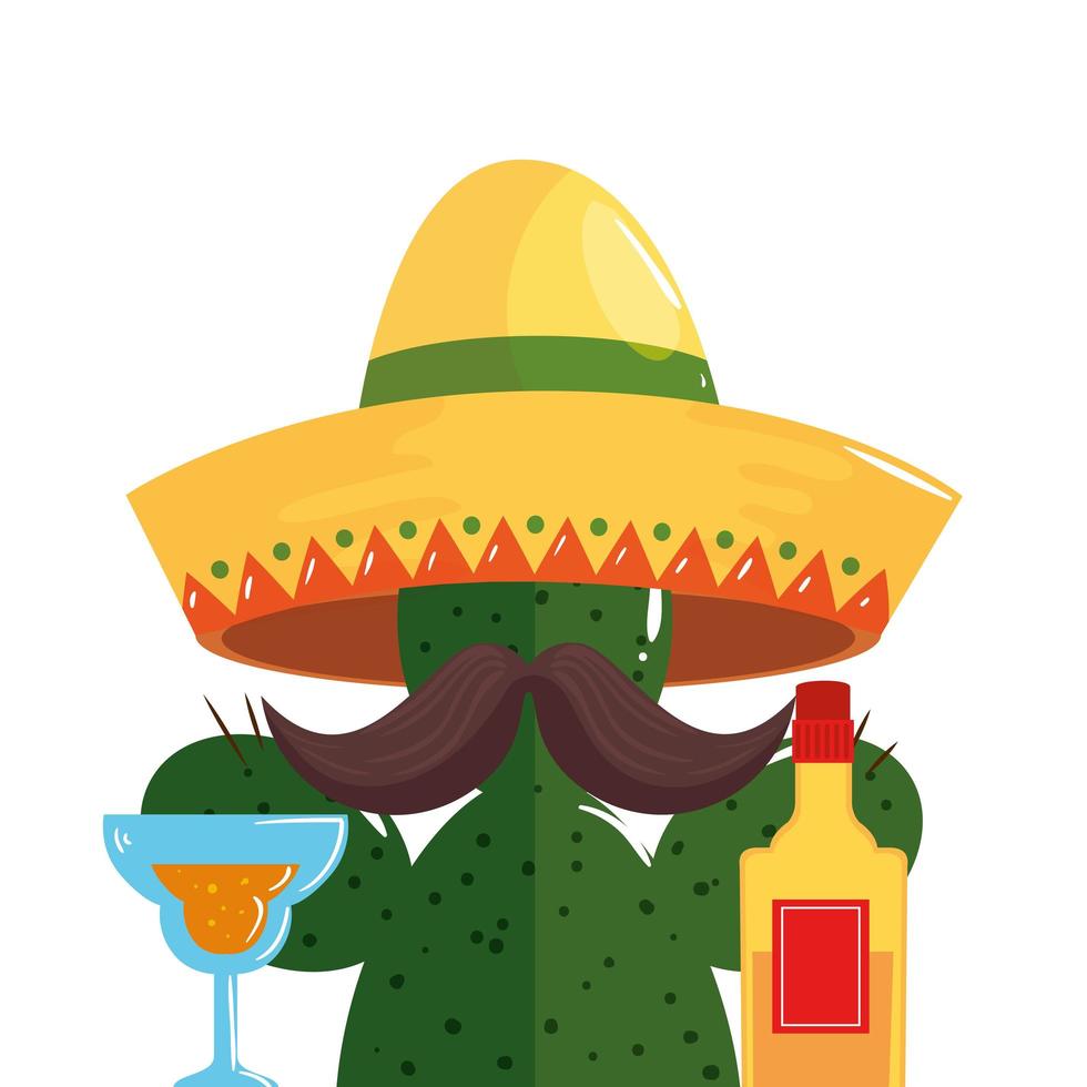 Cactus mexicano con bigote sombrero cóctel y botella de tequila diseño vectorial vector